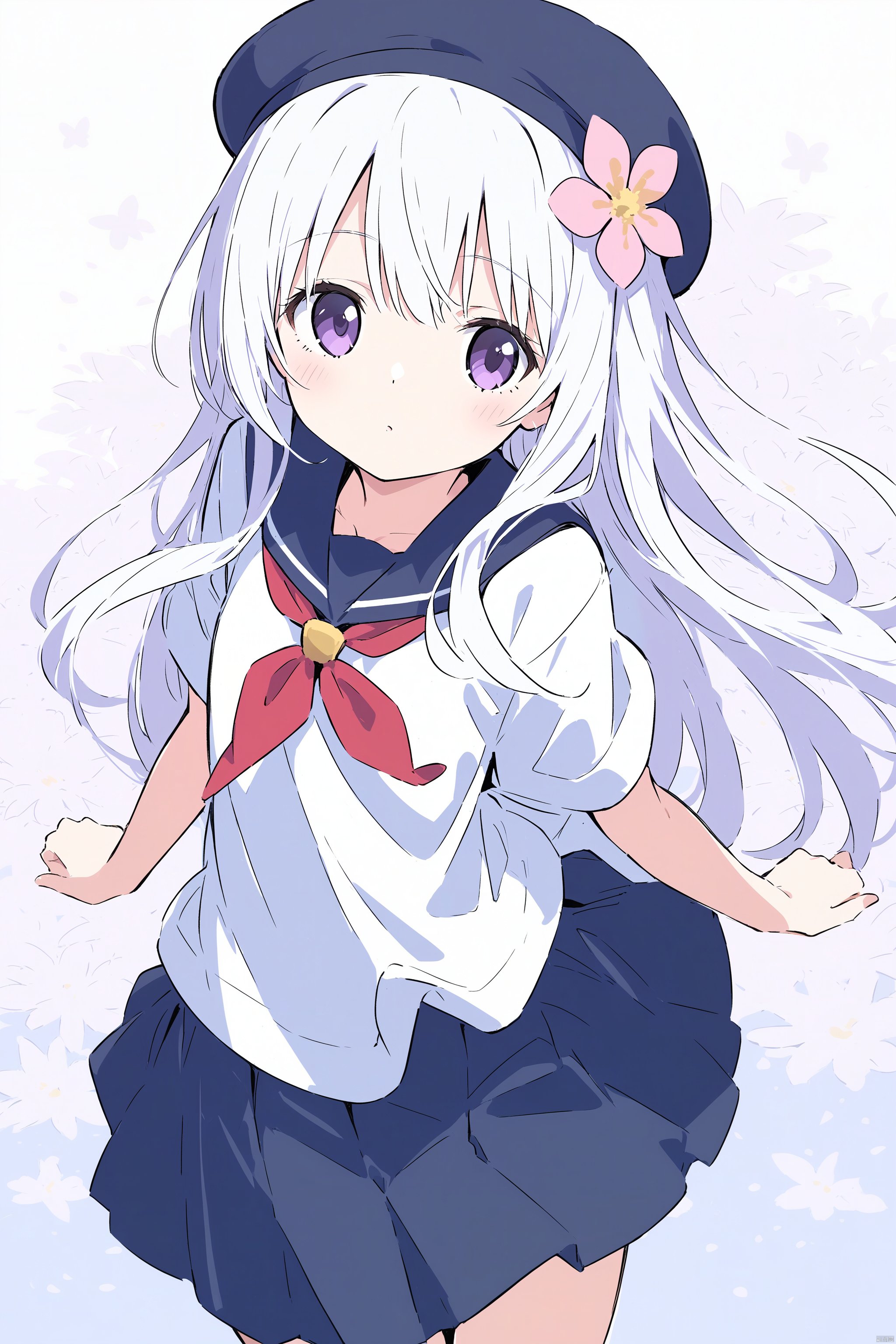 1girl, solo, long hair, school uniform, hat, purple eyes, flower, tomoeda elementary school uniform, skirt, serafuku, hair flower, hair ornament, white hair, beret, pleated skirt, sketch, looking at viewer