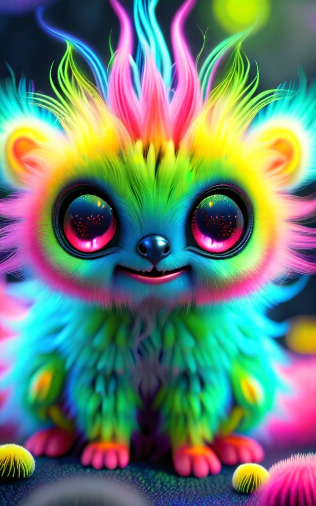 Adorable rainbow creature with hyper-detailed fur in prismatic colors, blending from neon pink to electric blue, yellow to lime green. Ultra-soft, fluffy fur with a halo effect and iridescent sheen. Enormous eyes with multi-colored irises, tiny heart-shaped hot pink nose, and plush, squeezable body. Photorealistic rendering with focus on intricate fur details and color gradients, set against a dark background.