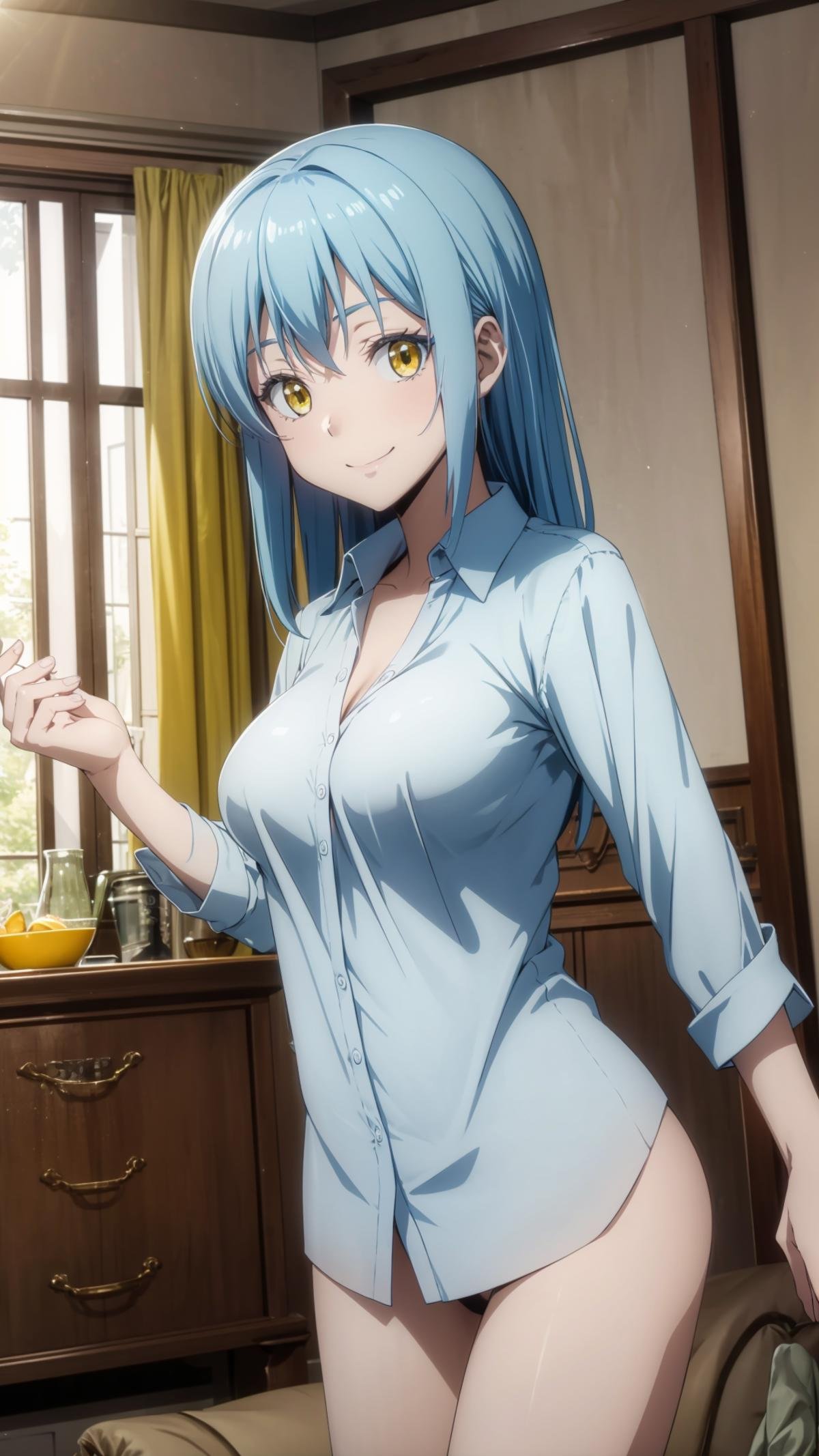 (masterpiece, best quality),ray tracing,absurdres, HDR, 1girl,large breasts,rimuru tempest, female, , solo, blue hair, yellow eyes,,smile, , indoors, standing,collared shirt,bottomless,<lora:rimuru 2in1_f+a:0.7>