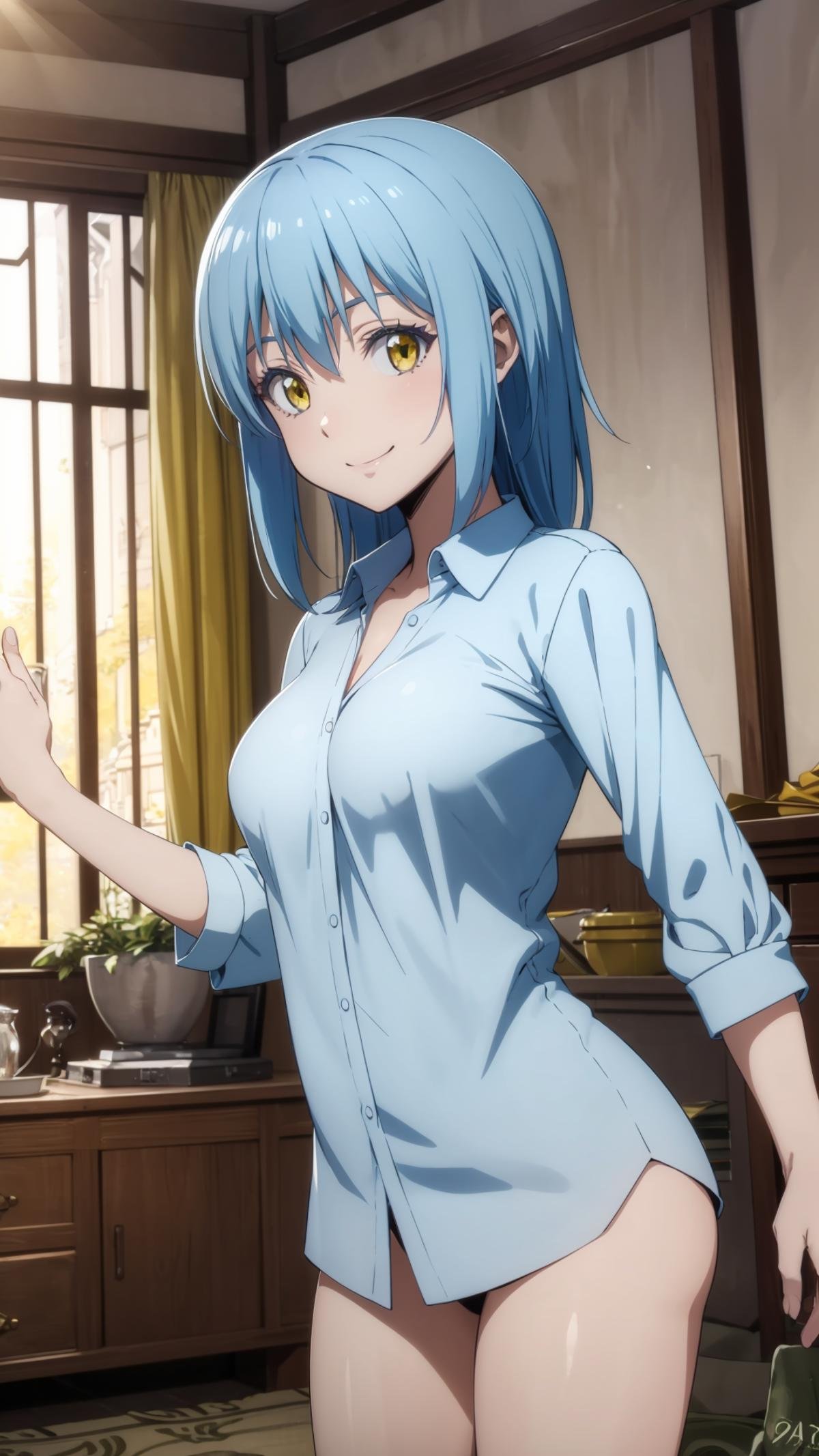 (masterpiece, best quality),ray tracing,absurdres, HDR, 1girl,large breasts,rimuru tempest, female, , solo, blue hair, yellow eyes,,smile, , indoors, standing,collared shirt,bottomless, <lora:rimuru 2in1_m+a:0.7>