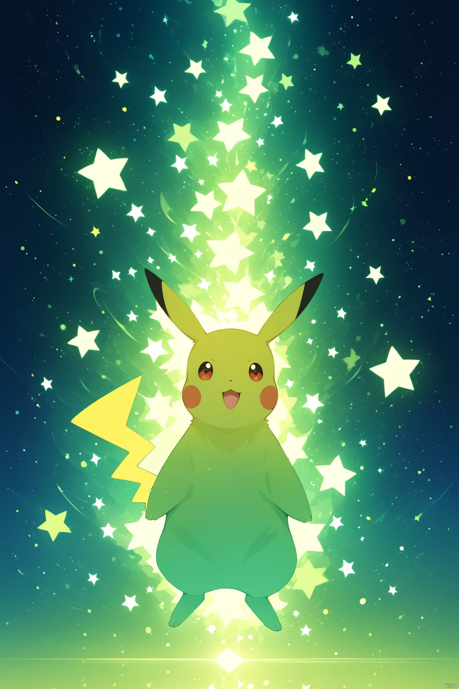 Yellow fluorescent art, starry sky, Pikachu, white silhouette, ethereal feeling, artistic sense, stars surrounding