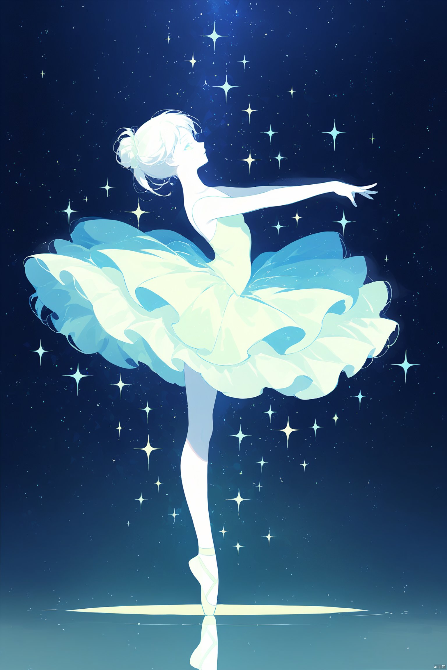 Blue fluorescent art, ballet girl, ballet posture, white silhouette, ethereal feeling, artistic sense, surrounded by stars