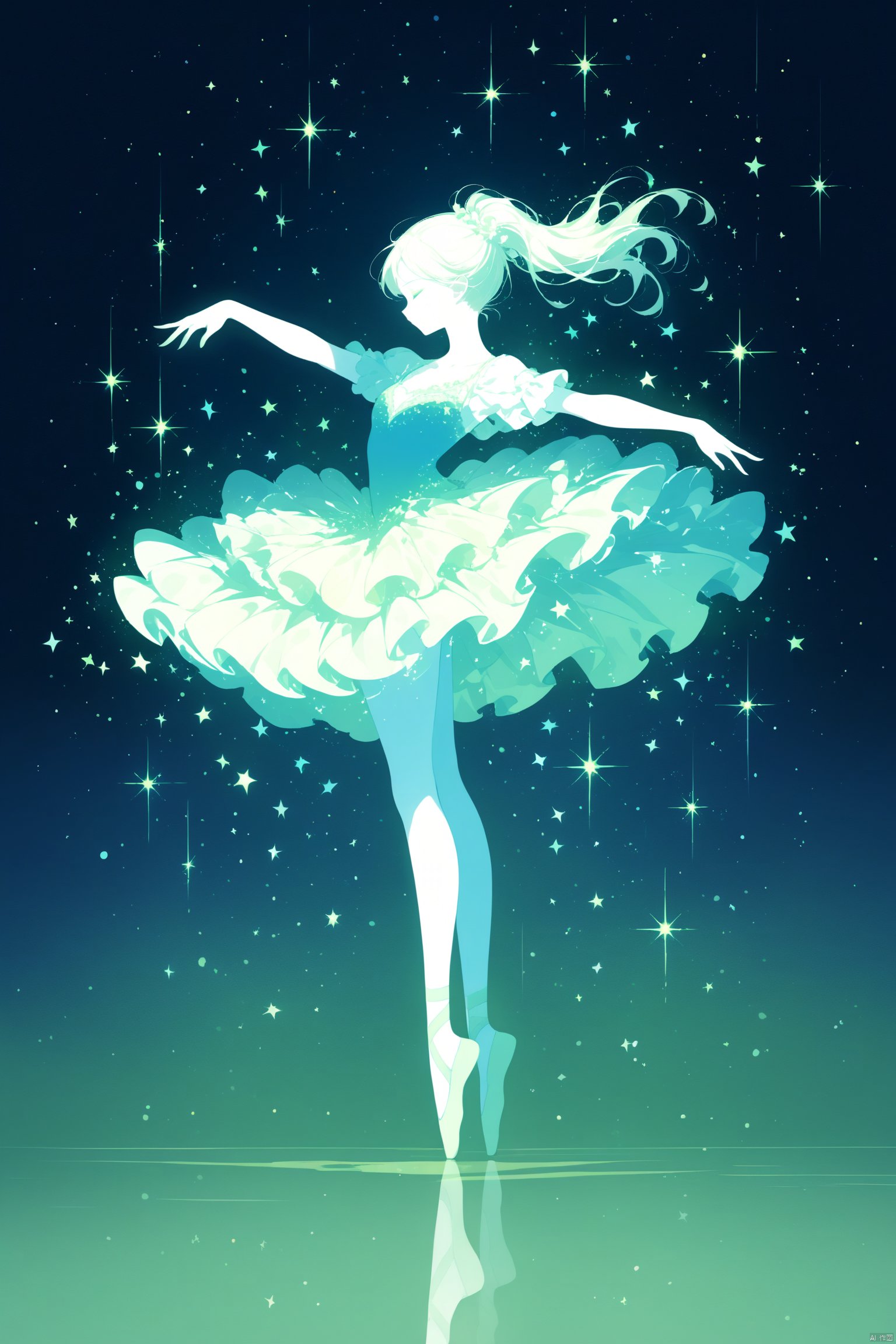 Blue fluorescent art, ballet girl, ballet posture, white silhouette, ethereal feeling, artistic sense, surrounded by stars