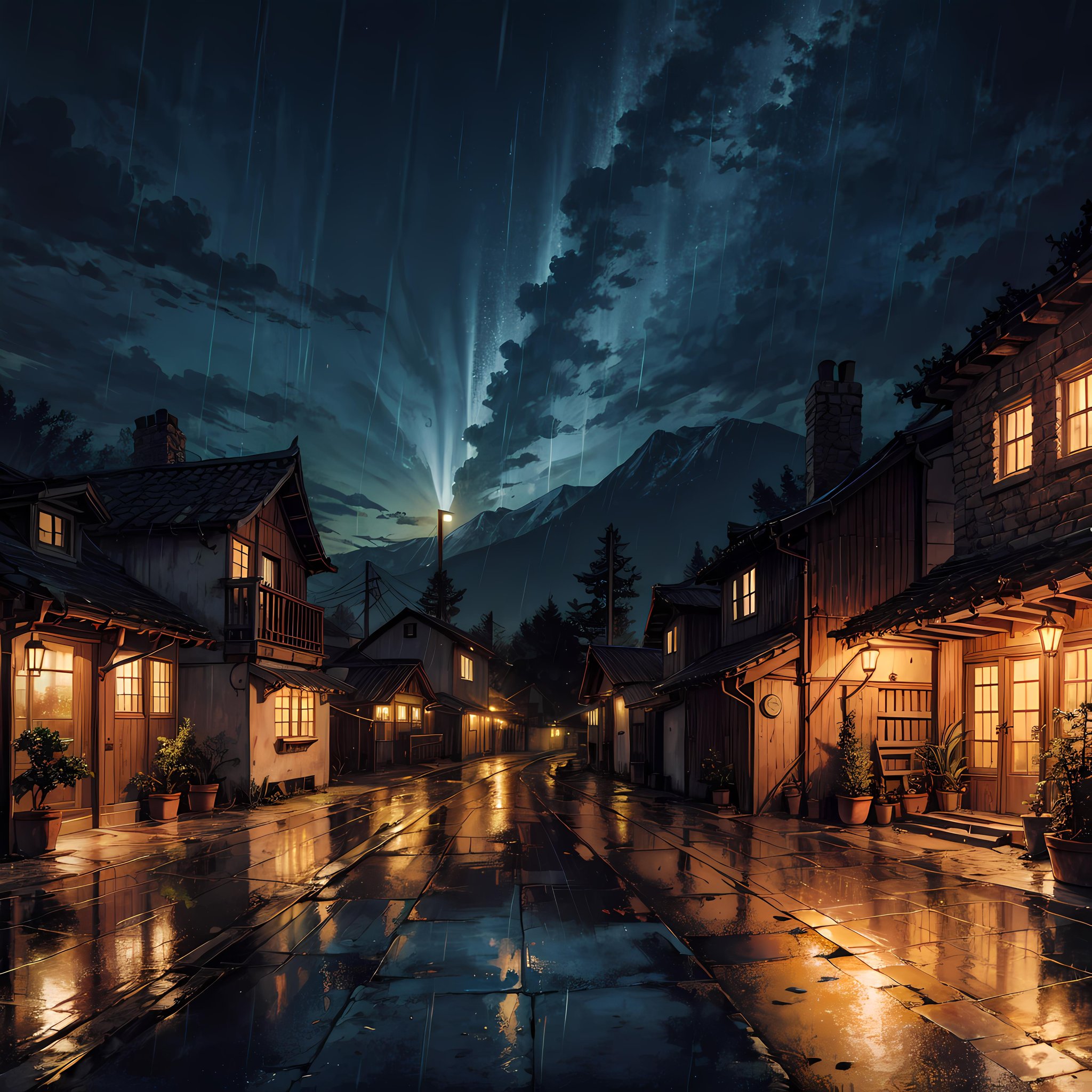 raining night ,  village road by ElPerro on Tensor.Art