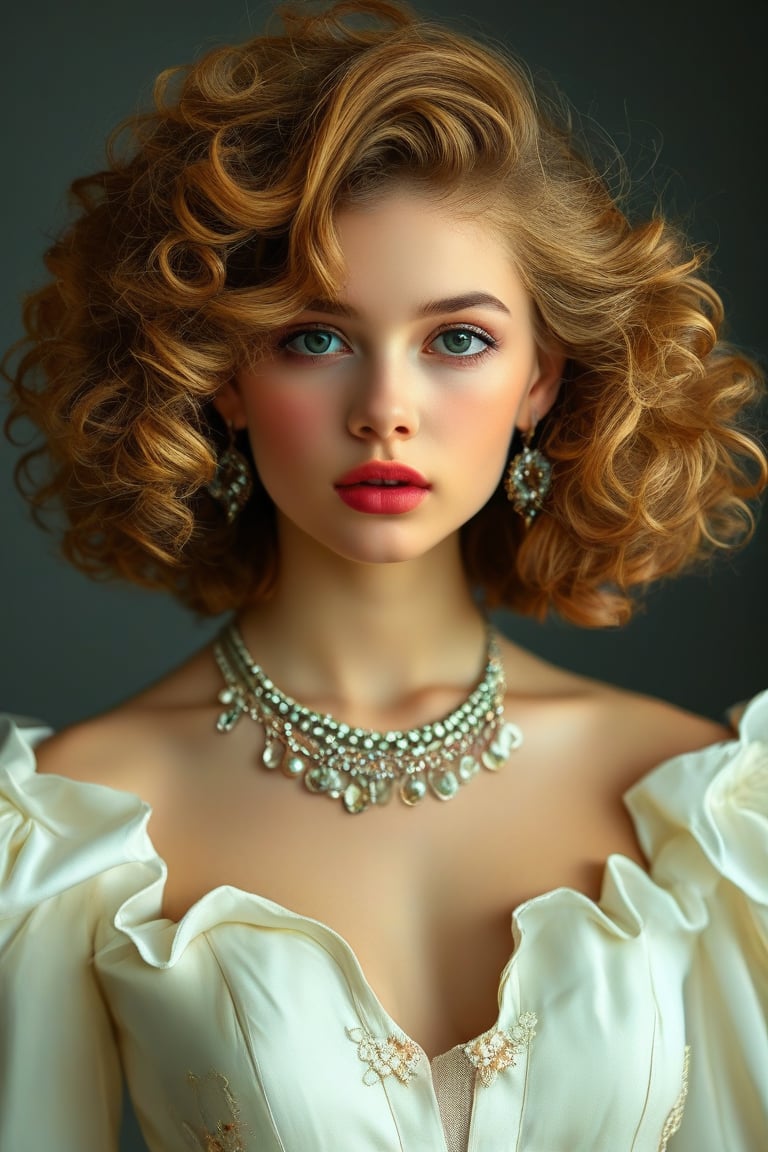 A photo a 18-years-old model in classical fashion style, and elite accessories, blending modern style with nobility. Her honey-colored curled hair is cut just above shoulder height.