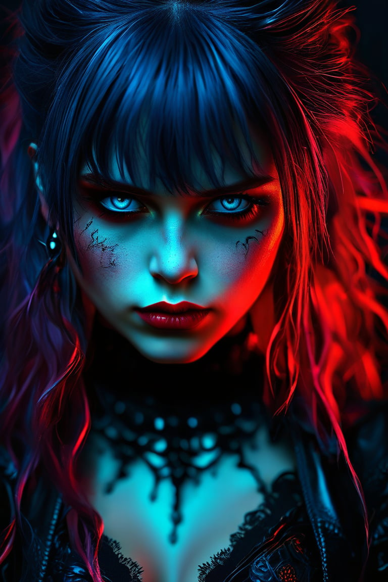 Portrait, Gothic girl, Dark Light, wild hair, detailed color blue eyes, insane detailed face, looking into camera, gothic style fashion black burgundry red, metallic, neon glow, sharp focus, hyperrealism painting art 128 k resolution, octan rendering