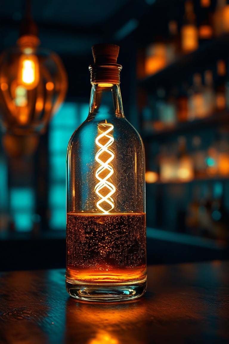 led bulb in a whisky bottle, intricate detail, soft lighting, eerie atmosphere, bar background