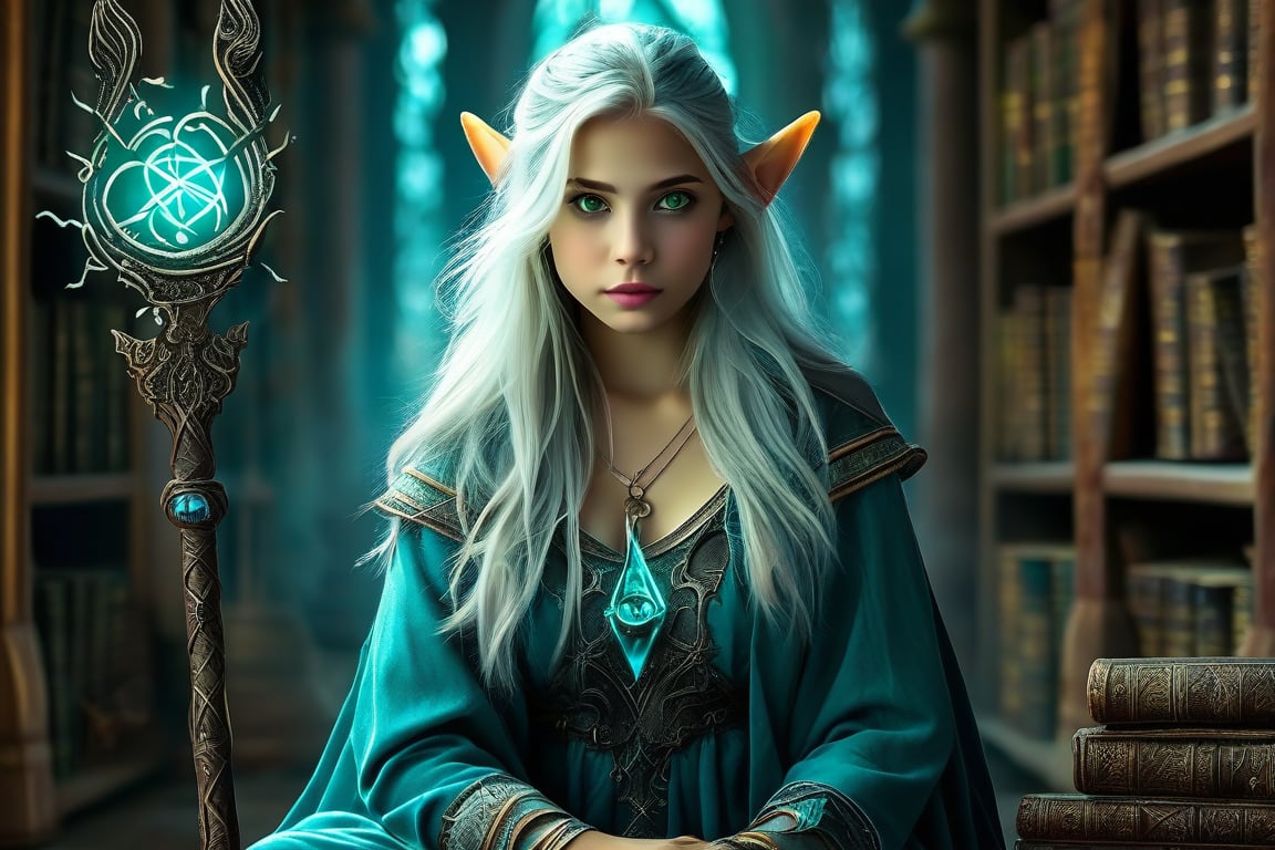 realistic photo, high detail, 4K resolution, sharp, detailed, 18-year-old elven mage girl, slender, raw, realistic, graceful sitting pose, front view, mystical library background, fair skin, ethereal glow, delicate features, shimmering green eyes, pointed ears, long flowing silver hair, intricate jewelry, ornate staff, flowing blue robe, arcane symbols, magical aura, ancient books and scrolls