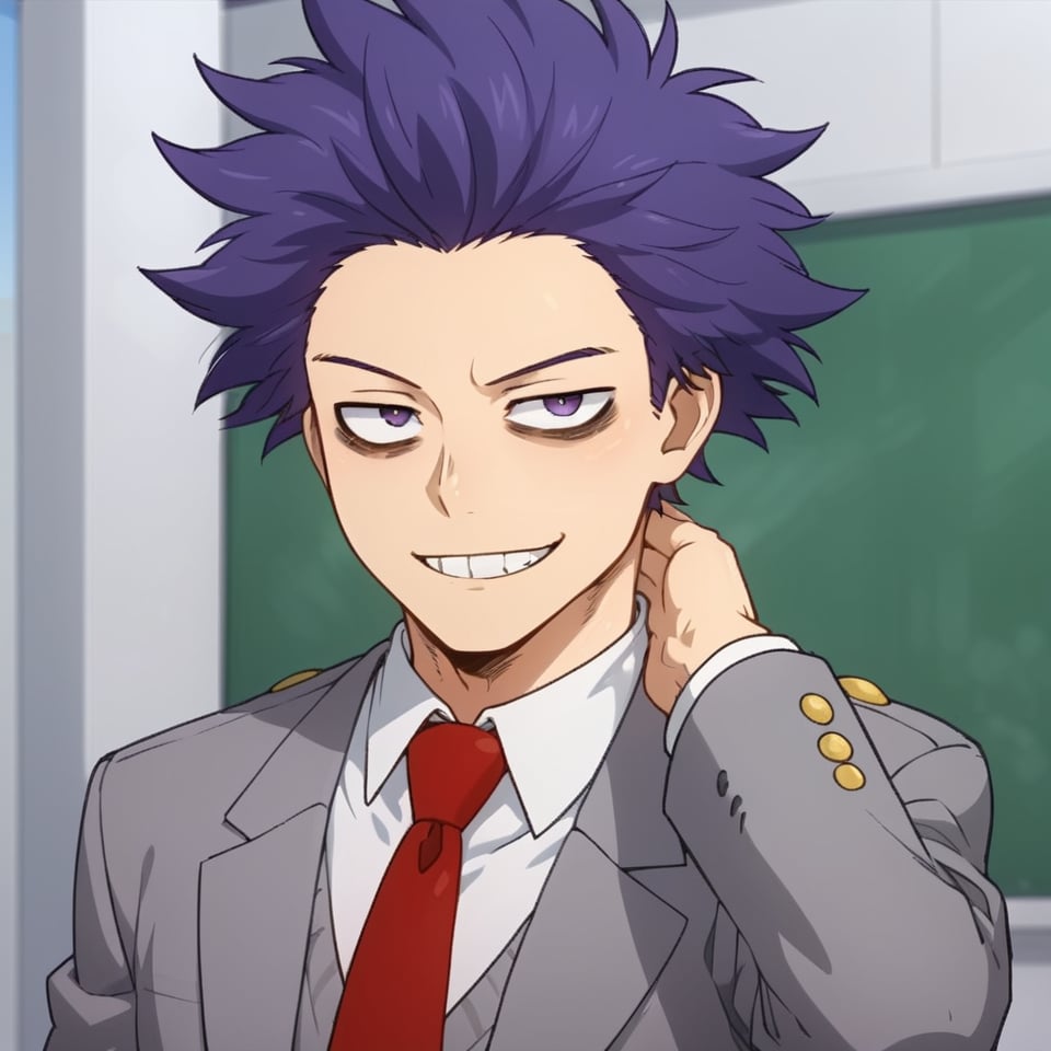 solo, smile, short hair, shirt, 1boy, school uniform,  purple eyes, jacket, purple hair, male focus, necktie, teeth, grin, spiked hair, red necktie, bags under eyes, u.a. school uniform, hand on own neck,Shinsou, sole male,