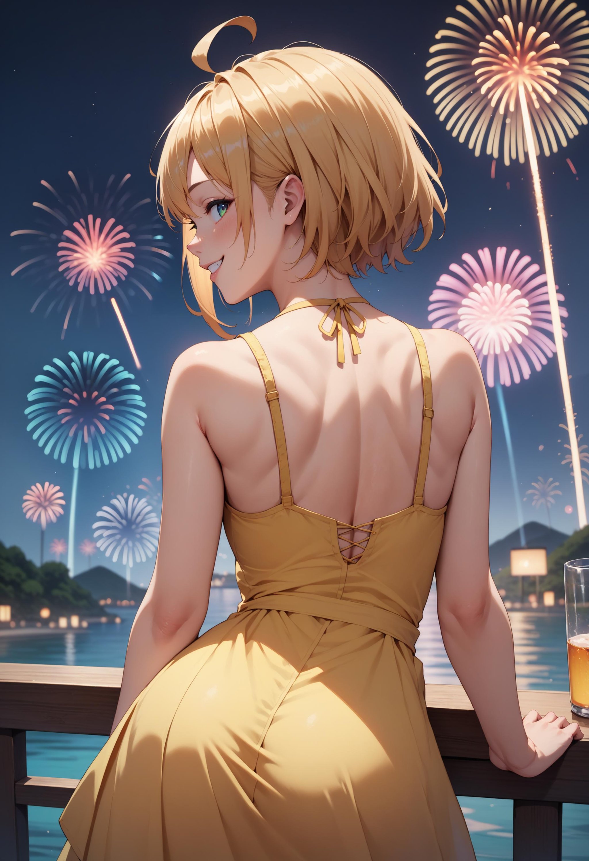 score_9, score_8_up, score_7_up, from behind, 1girl, smile, looking back, ahoge, yellow sundress, bare shoulders, fireworks