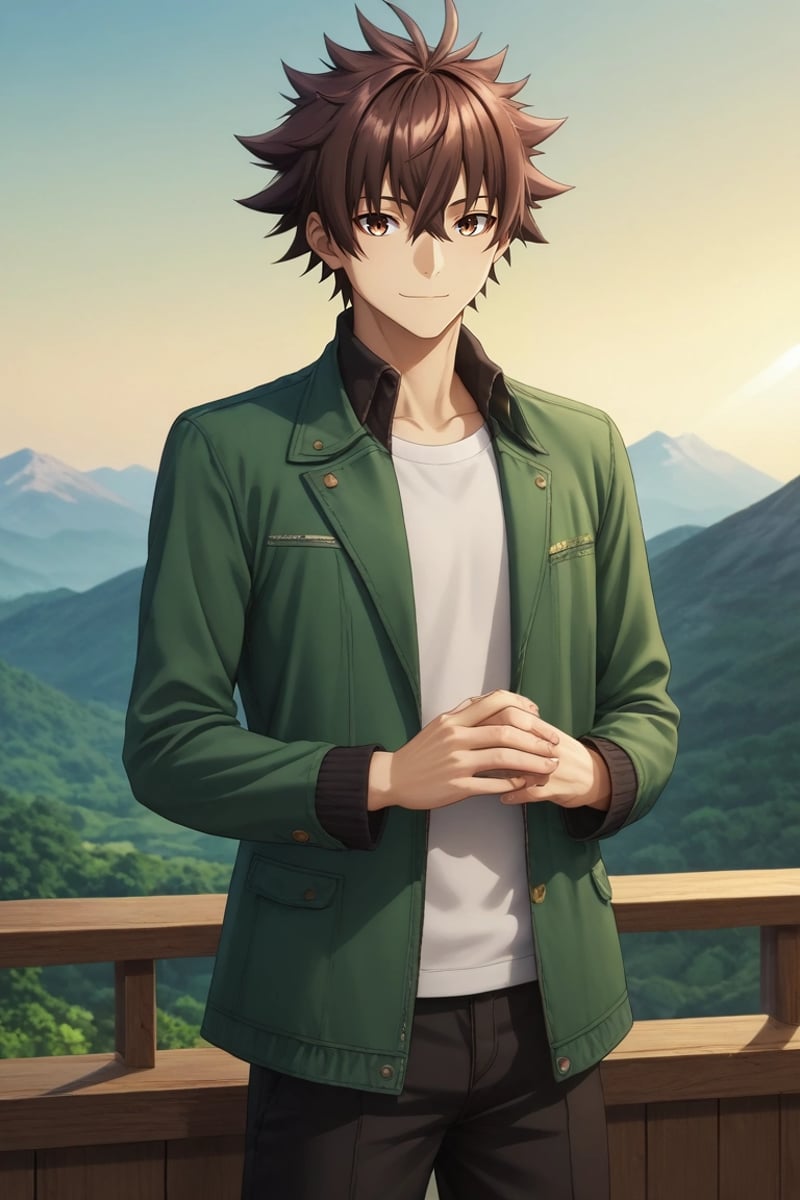 score_9, score_8_up, score_7_up, , rating_safe, , semi-realistic, looking at viewer, , 1boy, solo, male focus, <lora:yuuya_tenjou_pony:0.84>, yuuya_tenjou, brown hair, brown eyes, short hair, hair between eyes, spiked hair, bangs, full body, mountain, dawn, own hands together, seductive smile, jacket,, <lora:sdxl_lightning_8step_lora:1>