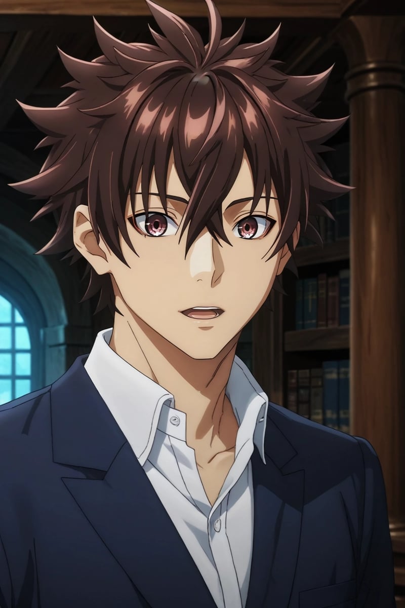 score_9, score_8_up, score_7_up, source_anime, rating_safe, intricate details, anime screencap, , , , , 1boy, solo, male focus, <lora:yuuya_tenjou_pony:0.88>, yuuya_tenjou, brown hair, brown eyes, short hair, hair between eyes, spiked hair, bangs, asymmetrical, floating island, indoors, dark, standing on one leg, open mouth, , <lora:sdxl_lightning_8step_lora:1>