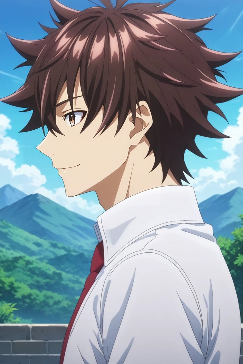 score_9, score_8_up, score_7_up, source_anime, rating_safe, intricate details, anime screencap, , , , , 1boy, solo, male focus, <lora:yuuya_tenjou_pony:0.78>, yuuya_tenjou, brown hair, brown eyes, short hair, hair between eyes, spiked hair, bangs, from side, mountain, day, clouds, holding object, smile, , <lora:sdxl_lightning_8step_lora:1>