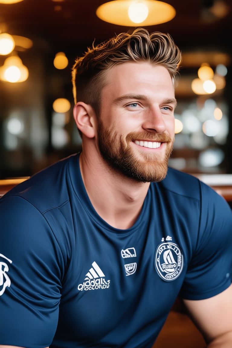 A warm and inviting atmosphere fills the rustic pub as a handsome lad, sporting short wavy hair and a well-groomed beard, smiles broadly amidst a sea of camaraderie. The shallow depth of field brings his face into sharp focus, while the matte finish and high-resolution image render every detail with exceptional mastery. Captured through the Leica 65mm lens, this stunning portrait exudes happiness and contentment as the rugby player leans back in his chair, surrounded by the warm glow of golden lighting.