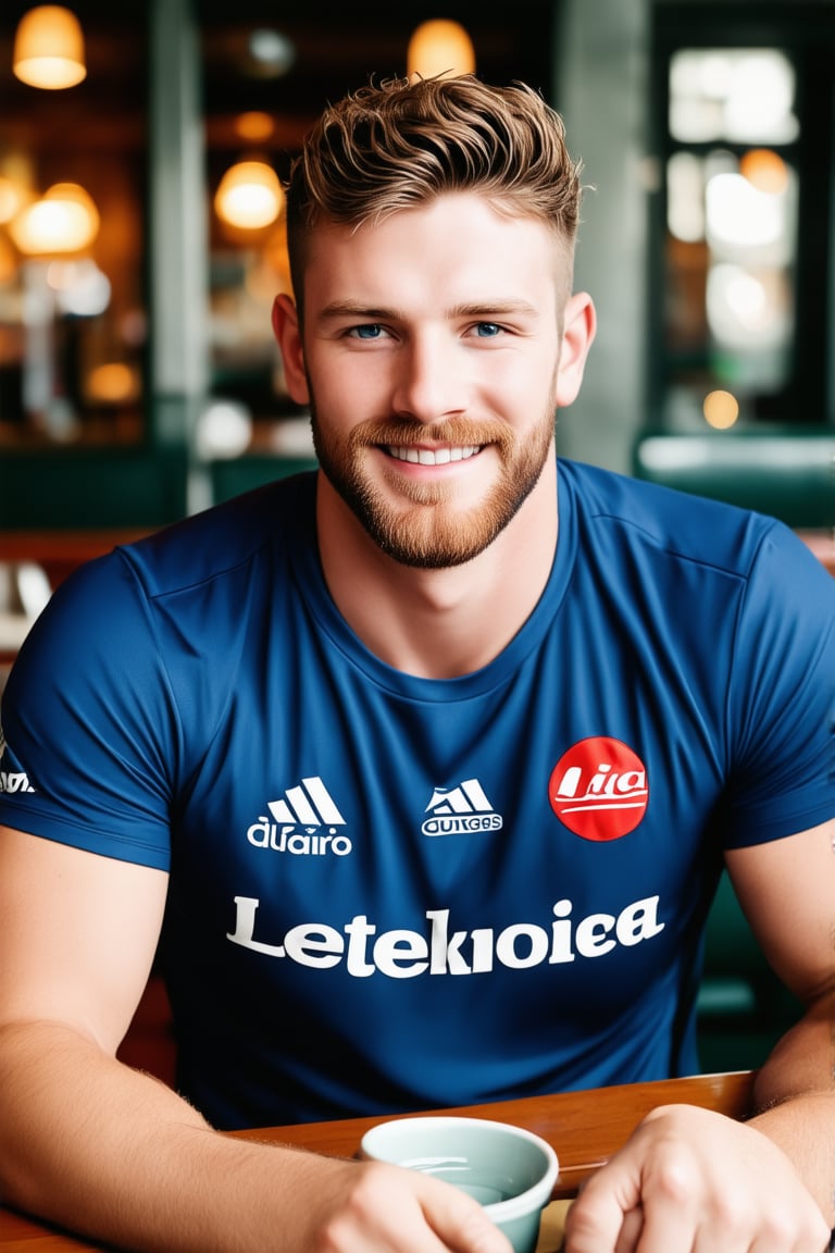 A stunningly handsome lad, sporting short wavy hair and a well-groomed beard, sits proudly at the pub, exuding joy. The rugby player's happy demeanor is captured in exquisite detail, with a shallow depth of field blurring the background, while his features remain sharp as a Leica 65mm lens would render them. The matte finish adds to the photograph's sense of realism and timelessness.