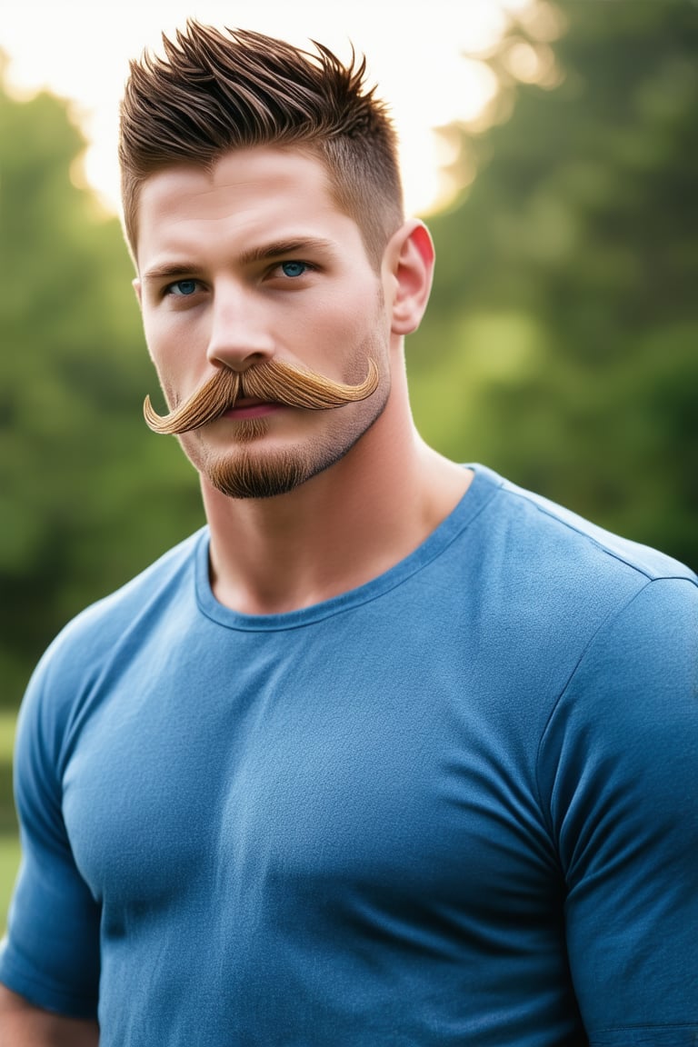 professional photo realistic of a handsome lad, facial hair, in male casualwear, perfect long mustache, short messy hair, stylish, dynamic view, studio lighting, masterpiece, posing at the park, original, new, newest, symmetry, intricate, bokeh, uhd, highres, best quality, accurate human male anatomy perspective,