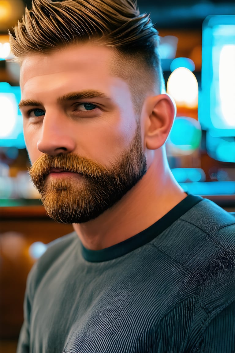 professional photo realistic of a handsome lad, facial hair, in male casualwear, short hair, stylish, dynamic view, studio lighting, masterpiece, posing at the pub, original, new, newest, symmetry, intricate, bokeh, uhd, highres, best quality, 