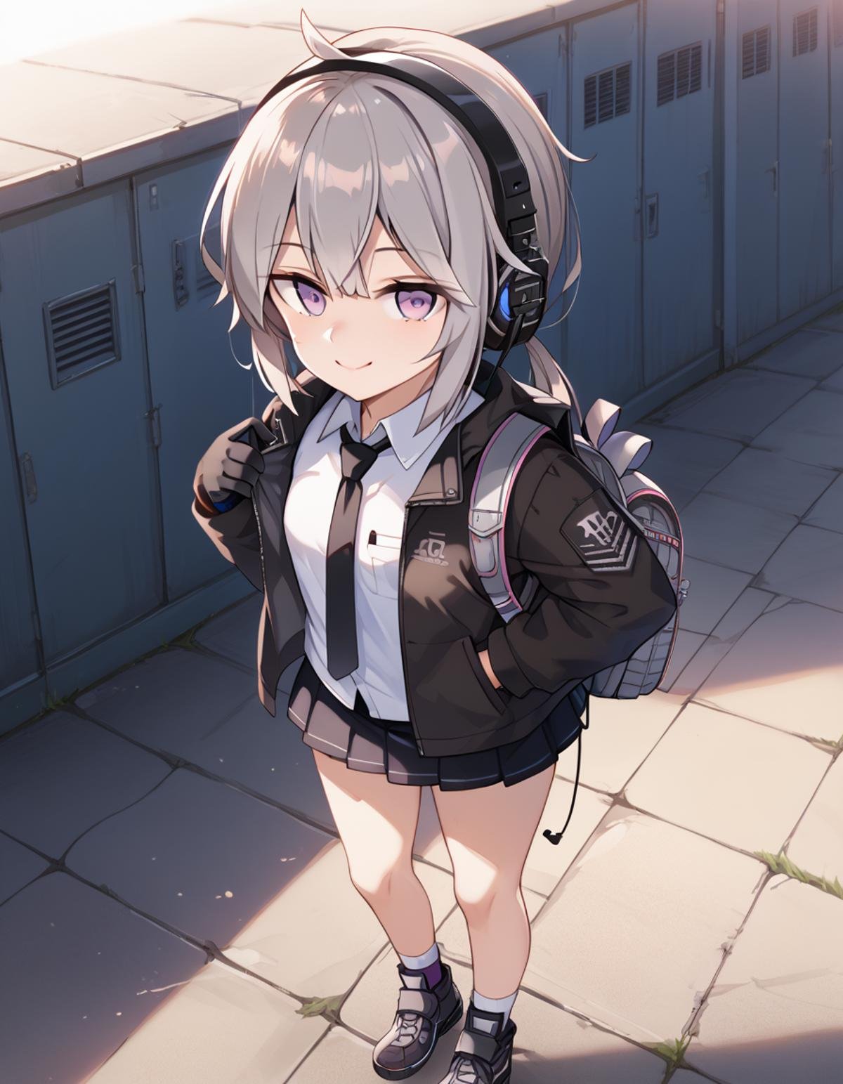 Volumetric Lighting, (masterpiece), (best quality), (ultra-detailed), masterpiece, source_anime, score_9, score_8_up, score_7_up BREAK, illustration, disheveled hair, detailed eyes, perfect composition, intricate details BREAK, light depth, dramatic atmospheric lighting, Volumetric Lighting, m200 (girls' frontline), grey hair, low ponytail, purple eyes,ahoge BREAK, m200def, def shirt, def jacket, open jacket, def necktie, def skirt,def backpack, def headphones,def shoes,def socks,def gloves BREAK, looking at viewer,thighs,outdoor,full body,standing,closed mouth,smile, from above, from side