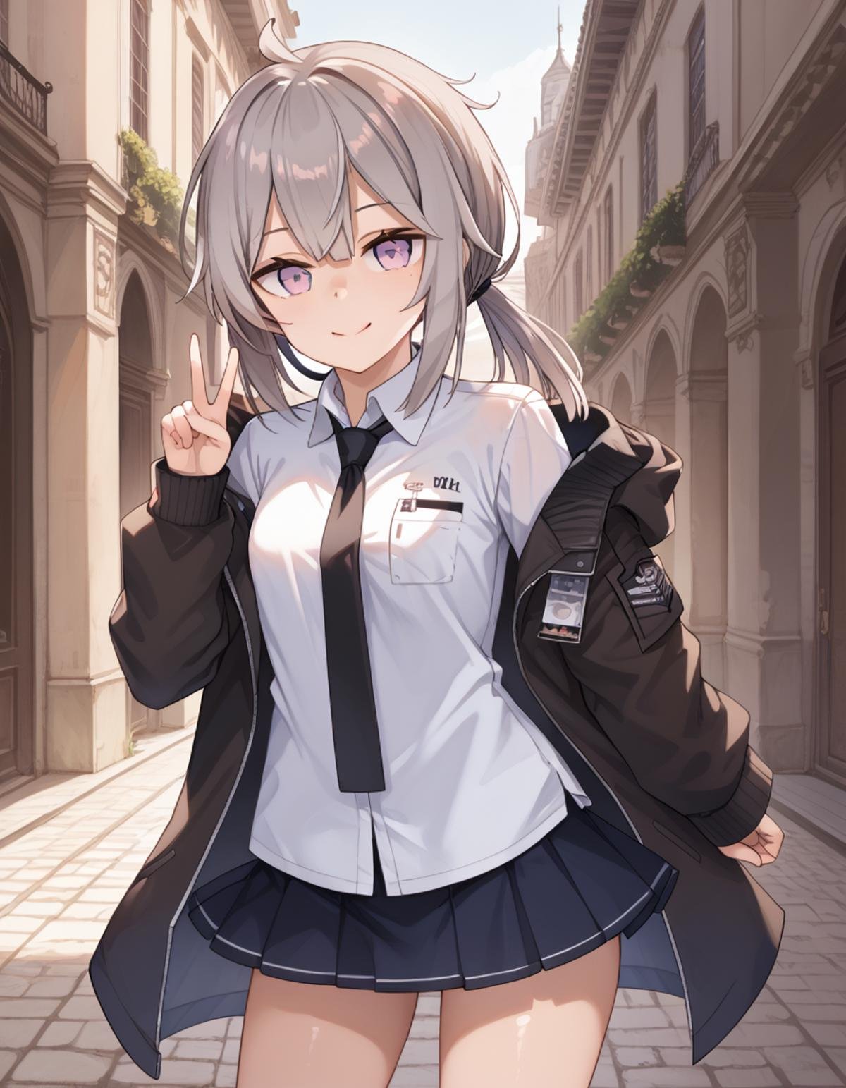 Volumetric Lighting, (masterpiece), (best quality), (ultra-detailed), masterpiece, source_anime, score_9, score_8_up, score_7_up BREAK, illustration, disheveled hair, detailed eyes, perfect composition, intricate details BREAK, light depth, dramatic atmospheric lighting, Volumetric Lighting, m200 (girls' frontline), grey hair, low ponytail, purple eyes,ahoge BREAK, m200def, def shirt, def jacket, open jacket, def necktie, def skirt, BREAK, looking at viewer,thighs,outdoor,closed mouth,off shoulder, from side,smile,hand up,detailed fingers,v