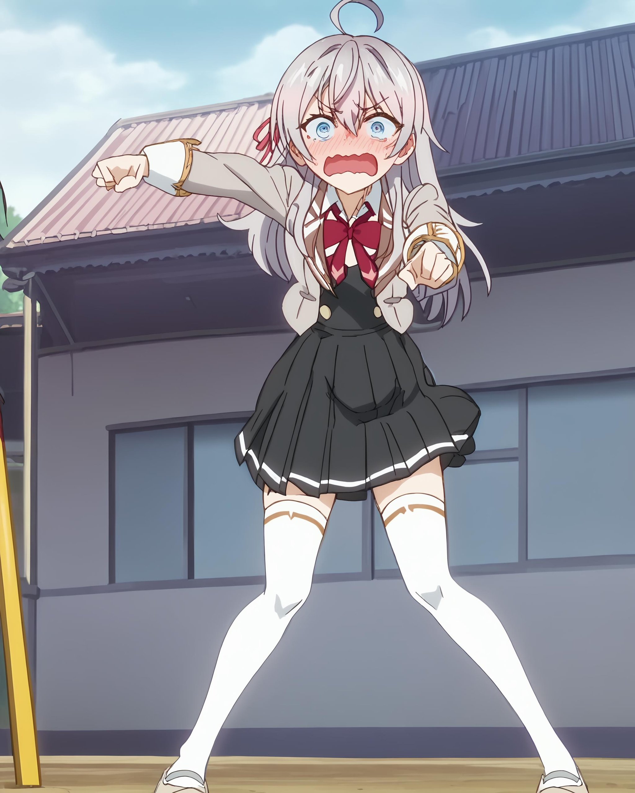 score_9, score_8_up, score_7_up, source_anime, official anime artwork, screencap, anime screencap, masterpiece, BREAKon a playground <lora:Alya_Kujo:1> Alya Kujou, ahoge, bangs, grey hair, hair between eyes, blue eyes, , school uniform, black skirt, pleated skirt, white thighhighs, red ribbon in hair, ribbon, long sleeves, wavy mouth, blushing, full body shot, embarrassed look, shocked expression,pointing forward at the viewer,