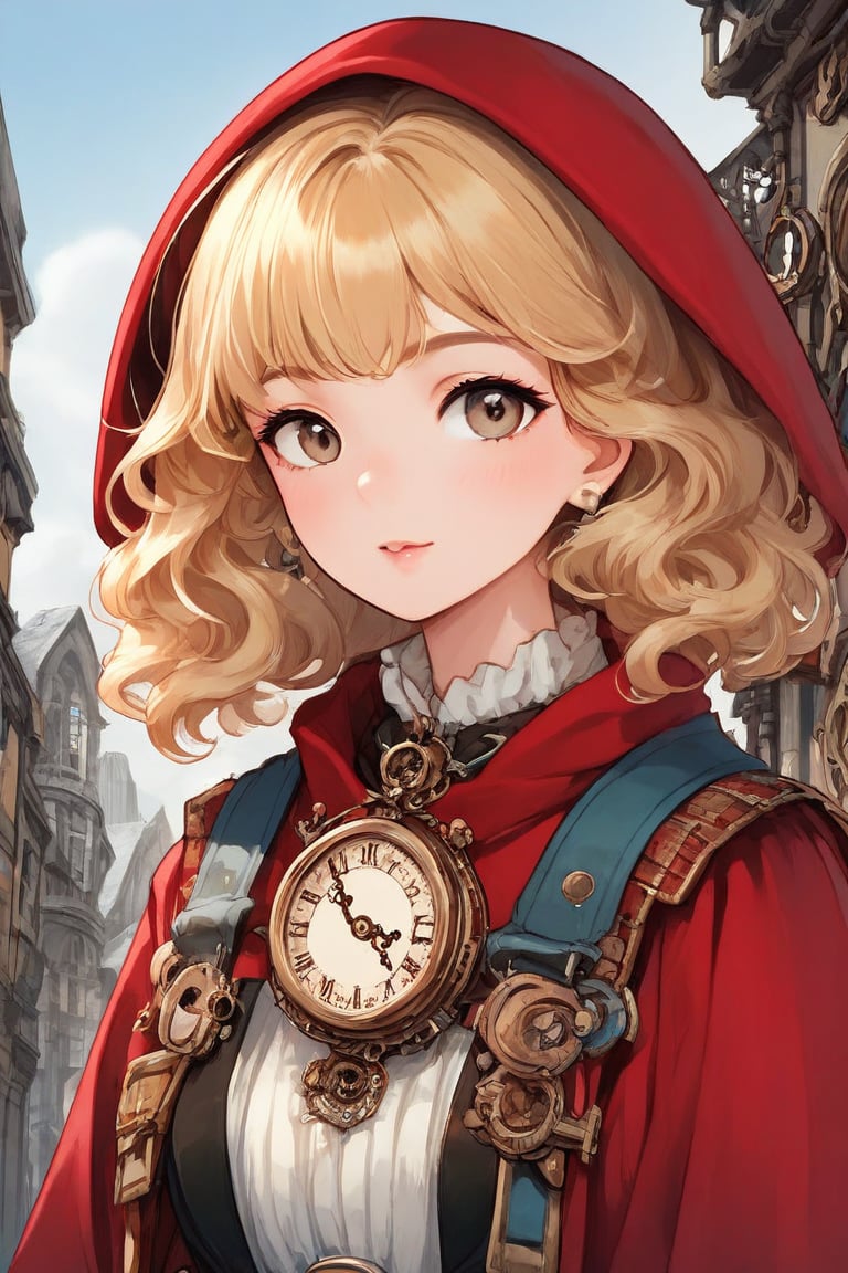 anime,iu,close up, Straight blond short curly hair child girl little red riding hood, Clock on necklace, (Victorian Era), ((Steampunk)), photography, Work, elegant, meticulous, Gorgeous, Maximum details, Extreme pursuit of aesthetics, Complex details, Lots of gears, Old town background
