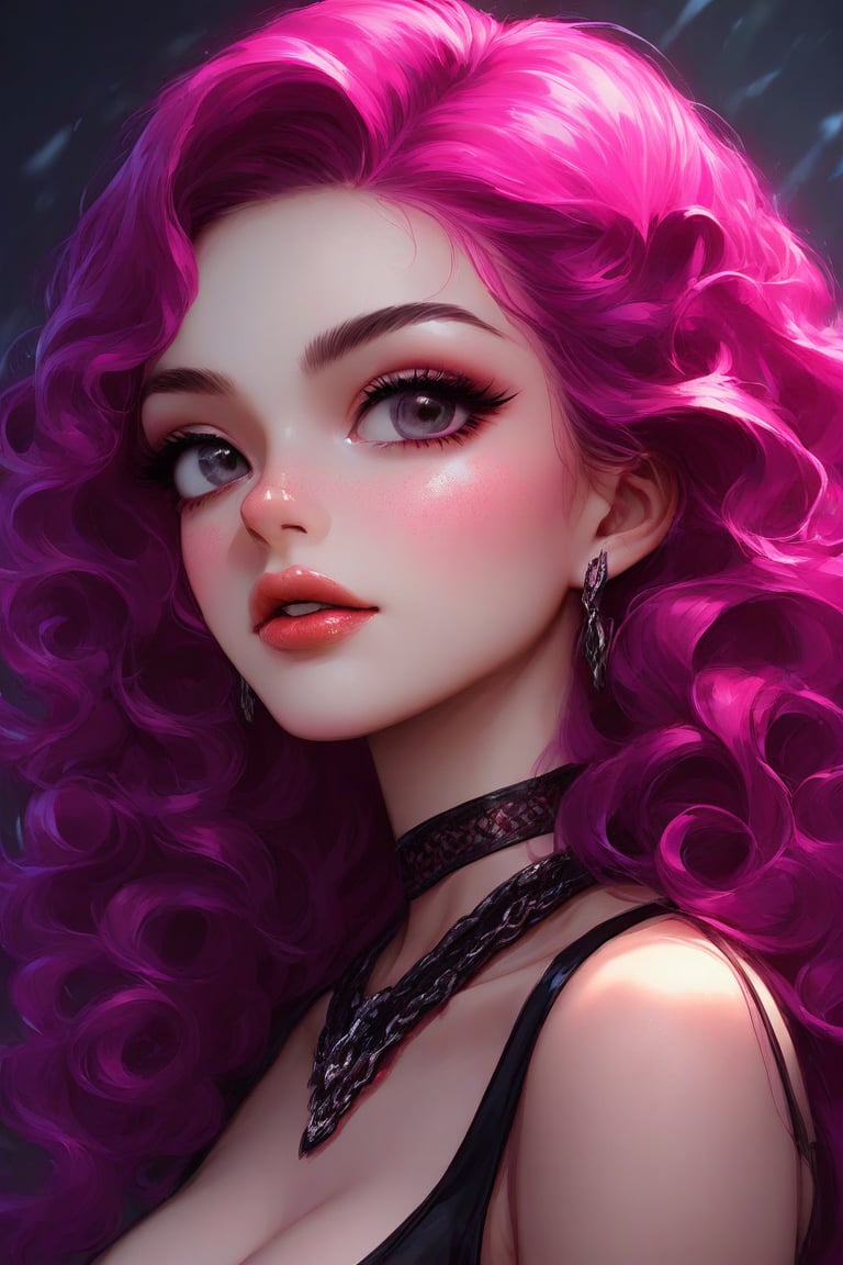 anime, Stunning Overdetailed masterpiece, Marc Silvestri style, Victoria Frances style, manga style, mixed with dark elements, high resolution, vibrant colors, realistic skin, fantasy, Digital painting of a beautiful fuchsia curly extreamly long hair goth girl, Her eyes are big and round, voluminous lips,
