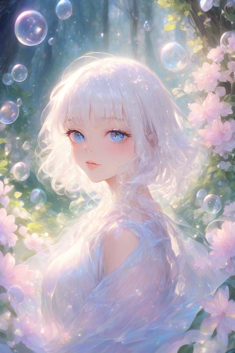 anime, In a pastel-hued magical garden, a stunningly beautiful albino woman with piercing blue eyes and delicate freckles on her face stands amidst otherworldly blossoms. Bubbles float gently around her, catching the light and shimmering with glitter. Soft fairy lights illuminate the scene, casting a warm, enchanting glow. The atmosphere is surreal and captivating, with an ethereal, dreamlike quality.