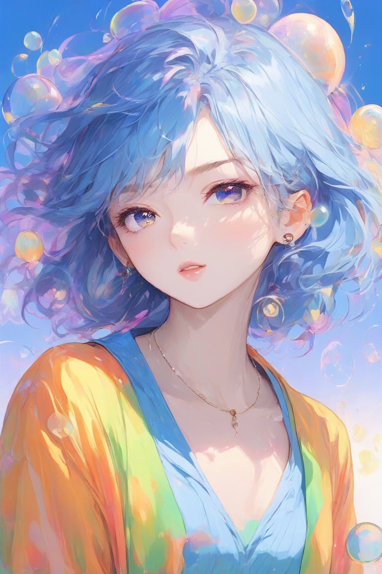 anime,(Masterpiece), (Best Quality), (Super Detail), (disheveled Hair), (Illustration), (One Girl), (Fashionable Clothes), Standing, Fashion Model, Beholder, (Interview), (Simple Background), Finely Beautiful Eyes, Delicate Beautiful Face, Floating, (High Saturation), (Colorful Splash), Colorful Bubble, (Shine), Focus on the Face, Ponytail, Light Blue Hair, Bangs, Hair Rings, Floating Flowers, Floating Hairs, (Shining), Best Lighting, Best Shadows

