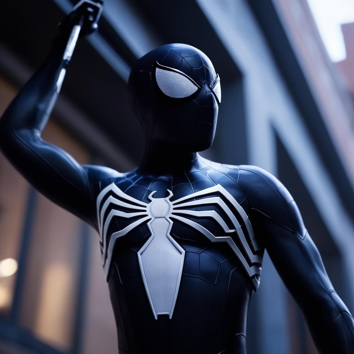 cinematic film still of  <lora:Symbiote Suit:1>A Symbiote Suit of a spider - man is hanging from a building,Spider-Man Symbiote Suit,solo,1boy,male focus,blurry,bodysuit,mask,blurry background,white eyes,superhero,spider web print , realistic, realism, photorealism, hyperrealism, hyperrealistic, realistic, sharp, detailed, cinematography style, film light style, movie still,  professional photography, artistic, perfection, contrast, cinematic, filmic, high quality photo,  8k quality, colorful, dark shadow, shallow depth of field, vignette, highly detailed, high budget, bokeh, cinemascope, moody, epic, gorgeous, film grain, grainy