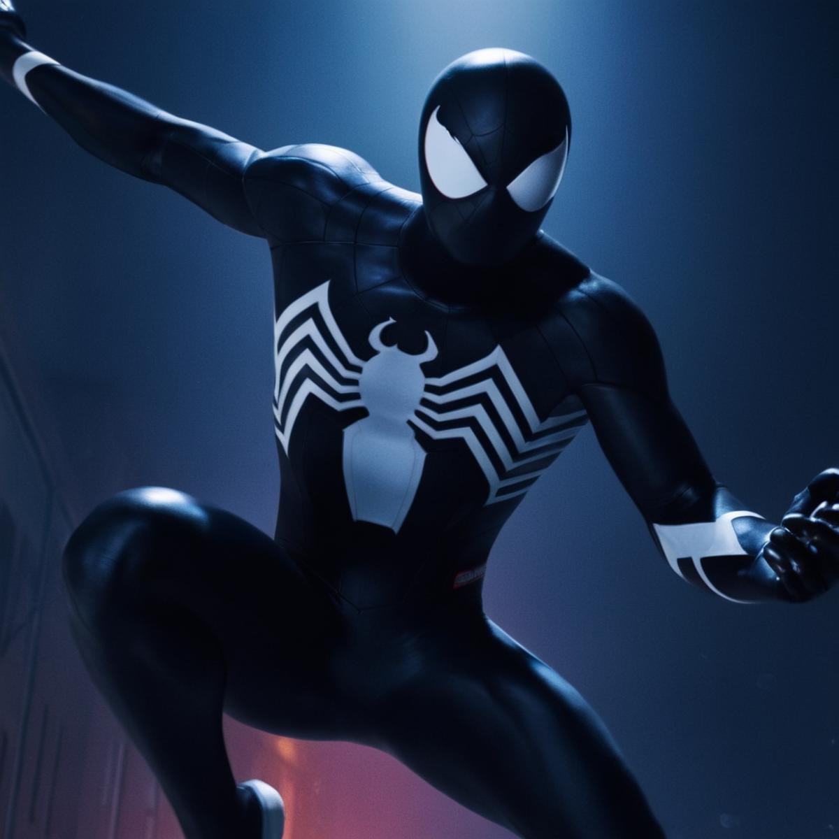 cinematic film still of Symbiote StyleA Symbiote Suit of a man in a spider - man suit shooting web with his hand,  Spider-...