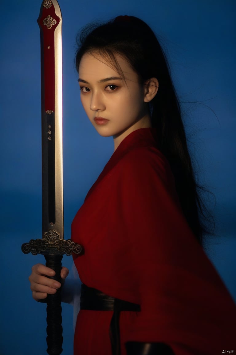 Young woman with wavy brown hair and green eyes, wearing red traditional outfit, holding a sword in her right hand. Her expression is serious as she stands against a blurred natural background under cloudy evening lighting