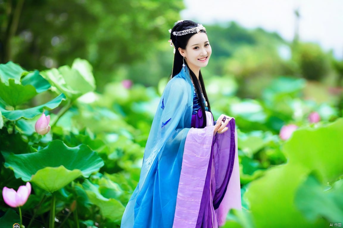 Elegant asian woman, smiling, wearing blue and purple ancient-style dress with long hair accessory, pink lipstick, soft sunlit background of lush greenery.