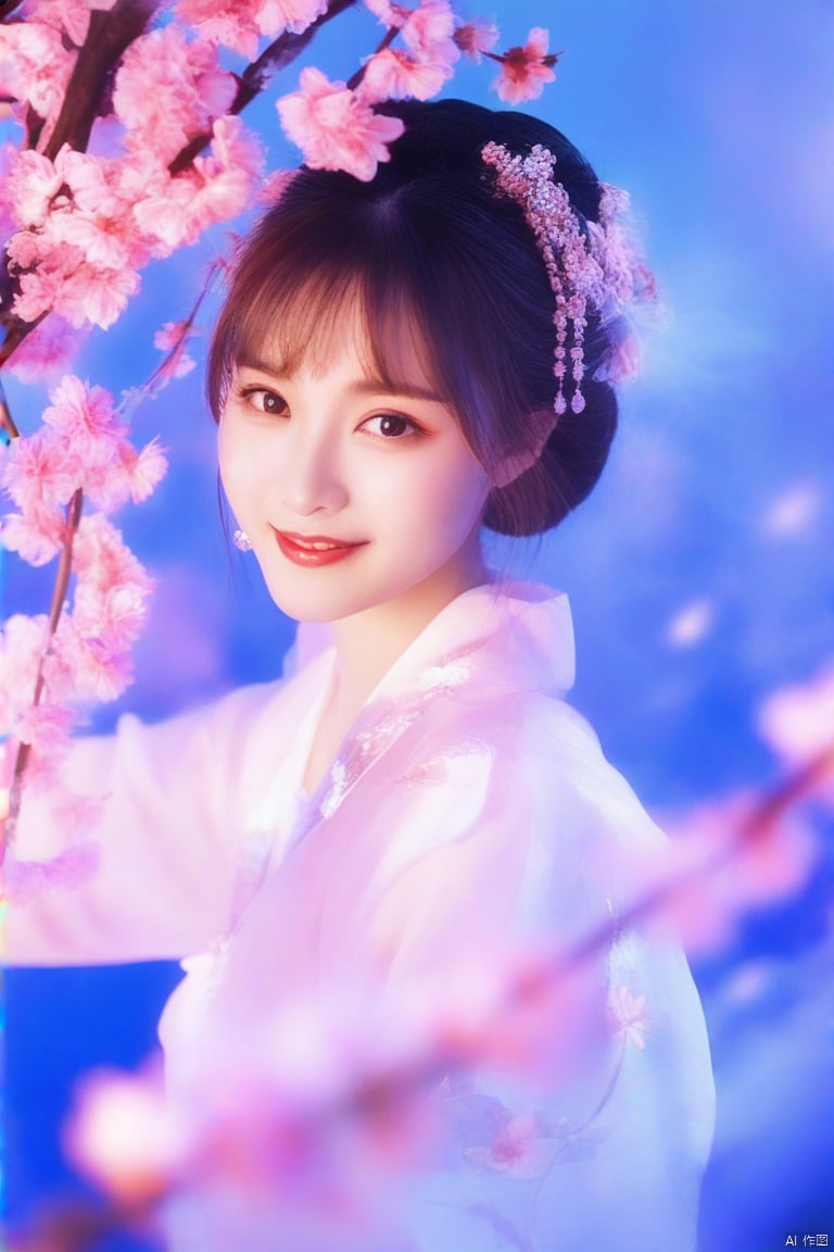 Young woman, smiling, soft focus on face, pink hair accessory, light makeup, white blouse, indoor setting, cherry blossoms in background, warm lighting, high resolution,huoyan, blue fire