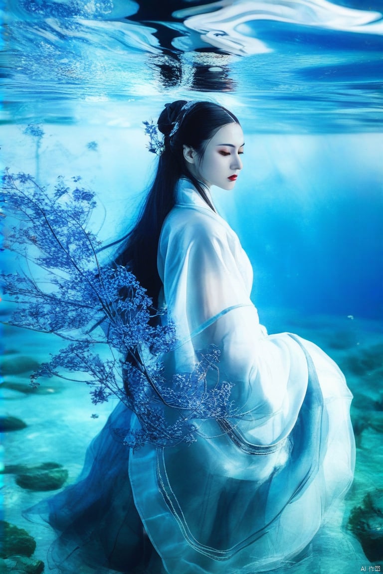  Elegant 1girl, solo,profile view, soft facial contours, long black hair, red lipstick, subtle makeup, wearing blue and white hanfu, intricate designs, serene style, underwater setting, greenish hue, calm ripples, high precision image, clear focus on face.,huoyan, blue fire