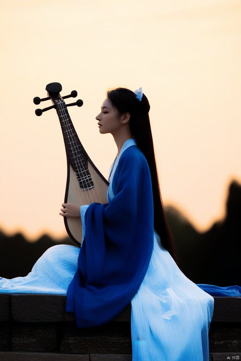  Elegant young woman, solo, profile view, subtle makeup, wearing a traditional blue and white hanfu, holding an upright bass. Soft facial contours, long dark hair with white streaks, serene expression, sitting on stone surface in natural setting at dusk, golden hour lighting, high-resolution, shallow depth of field