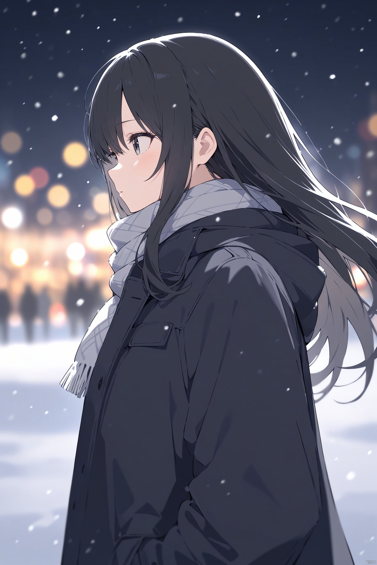 (masterpiece),(best quality),(masterpiece),(best quality),1girl, black_coat, black_hair, blurry, blurry_background, blurry_foreground, bokeh, city_lights, coat, depth_of_field, from_side, jacket, lens_flare, long_hair, long_sleeves, looking_away, motion_blur, outdoors, scarf, snow, snowing, solo, upper_body