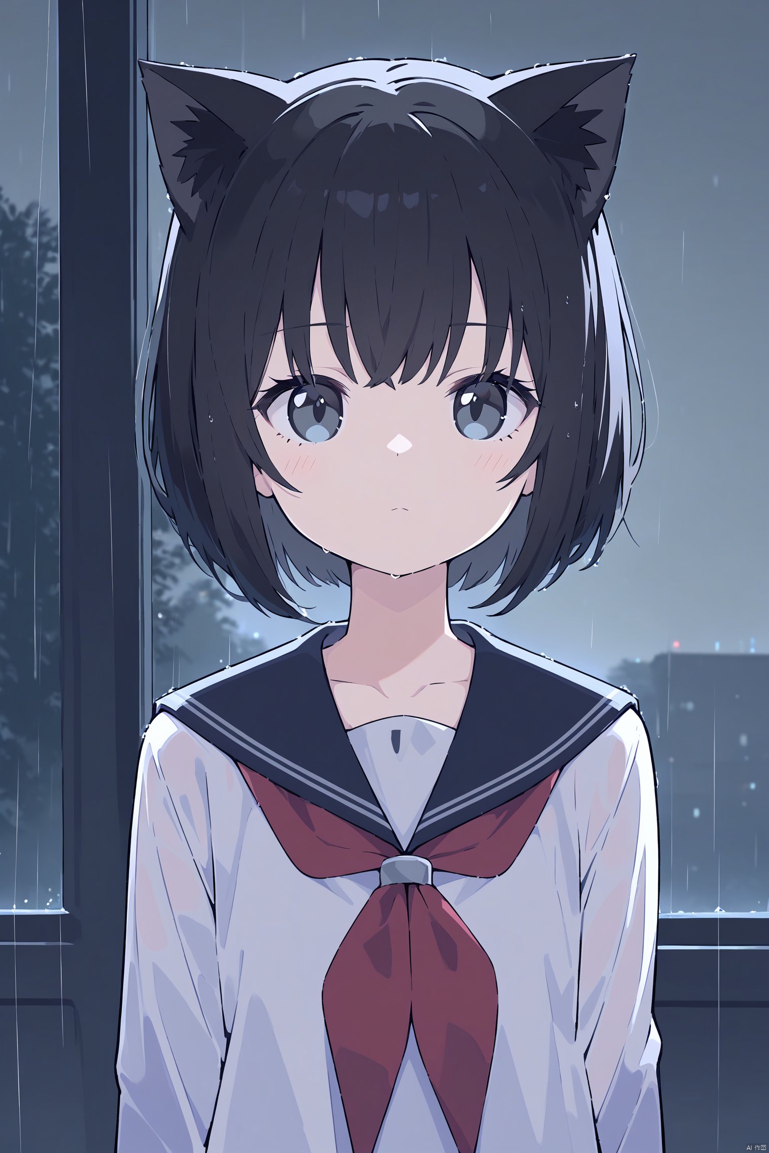 animal_ears, 1girl, black_hair, sailor_collar, solo, short_hair, cat_ears, school_uniform, serafuku, black_sailor_collar, upper_body, rain, shirt, white_shirt, long_sleeves, night, closed_mouth, scenery, bangs