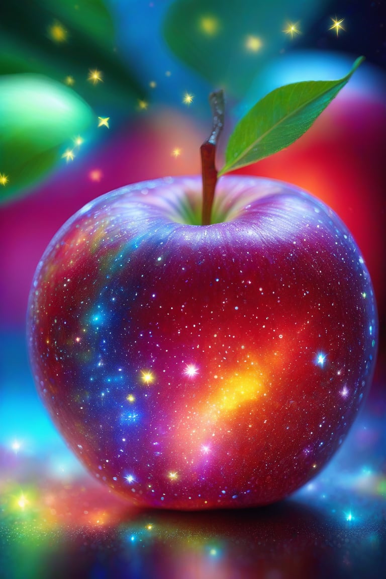 Close-up shot of a juicy red apple with vibrant, swirling stars of varying colors (blue, yellow, green) embedded within its skin. The stars' soft glow illuminates the surrounding area, creating a warm and inviting atmosphere. The apple's natural texture provides a subtle contrast to the whimsical starry design.