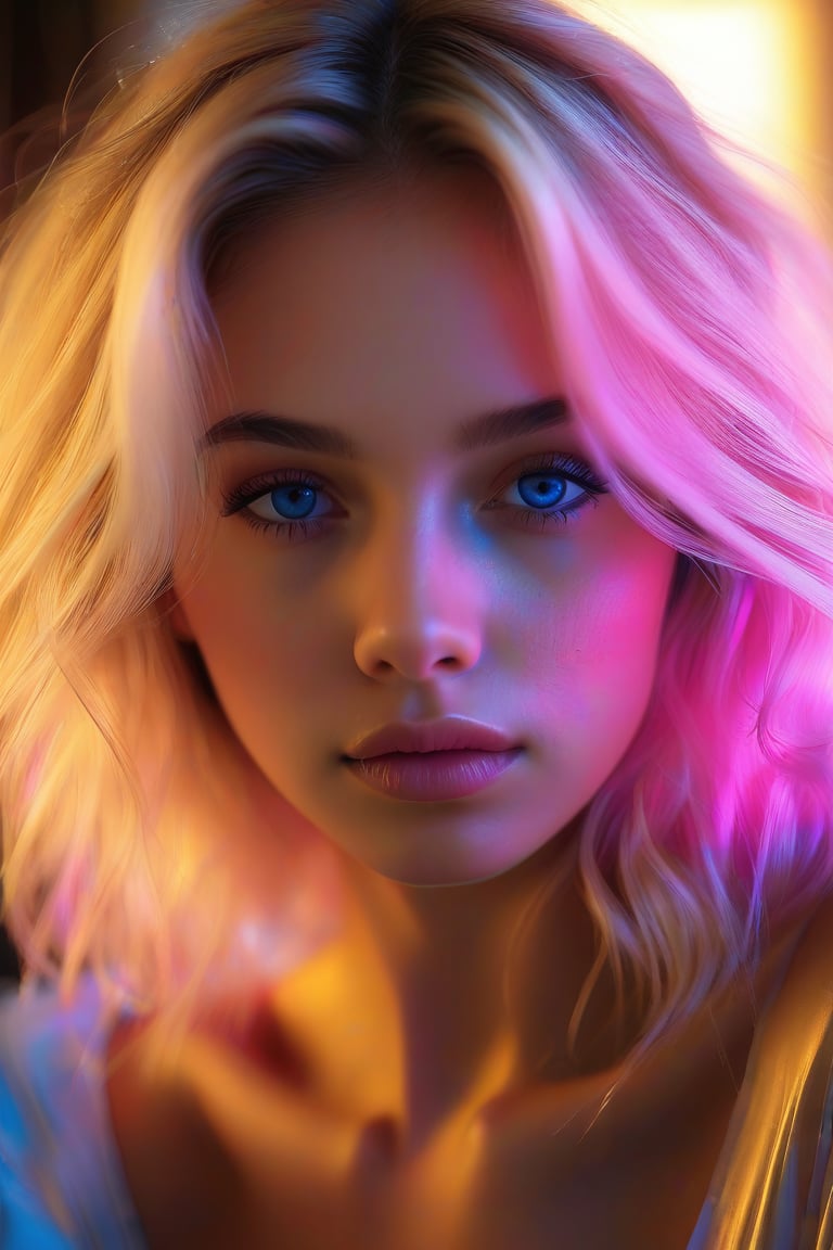 A close-up shot of a stunning blonde woman with vibrant pink streaks in her hair and piercing blue eyes. She sits calmly, gazing directly at the camera, with a soft focus blur around her face to emphasize her striking features. The warm golden lighting accentuates her porcelain skin, while the surrounding environment fades into a gentle bokeh. Her facial expression is serene, inviting the viewer to step into her world.