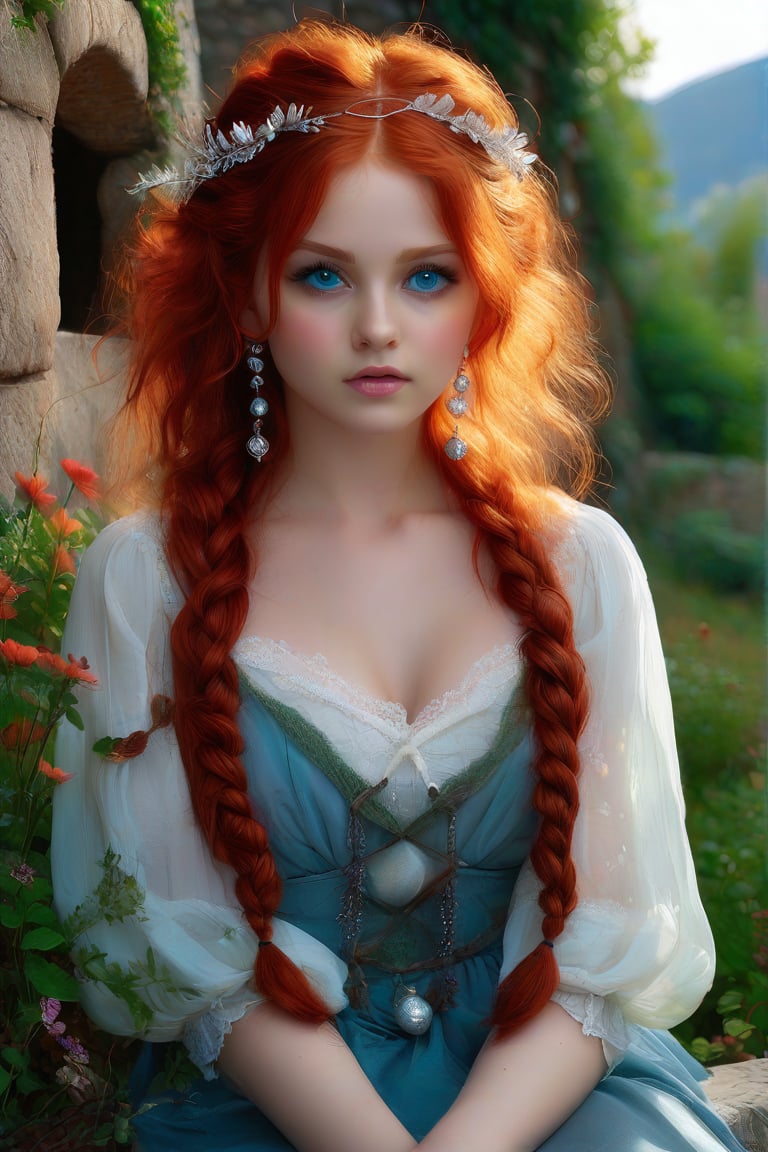 A whimsical portrait of a fiery redhead, her braided locks tied with a velvet ribbon, adorned with tiny silver bells that softly tinkle in the morning light. The subject sits on a worn stone wall, surrounded by lush greenery and wildflowers, her bright blue eyes sparkling with mischief.