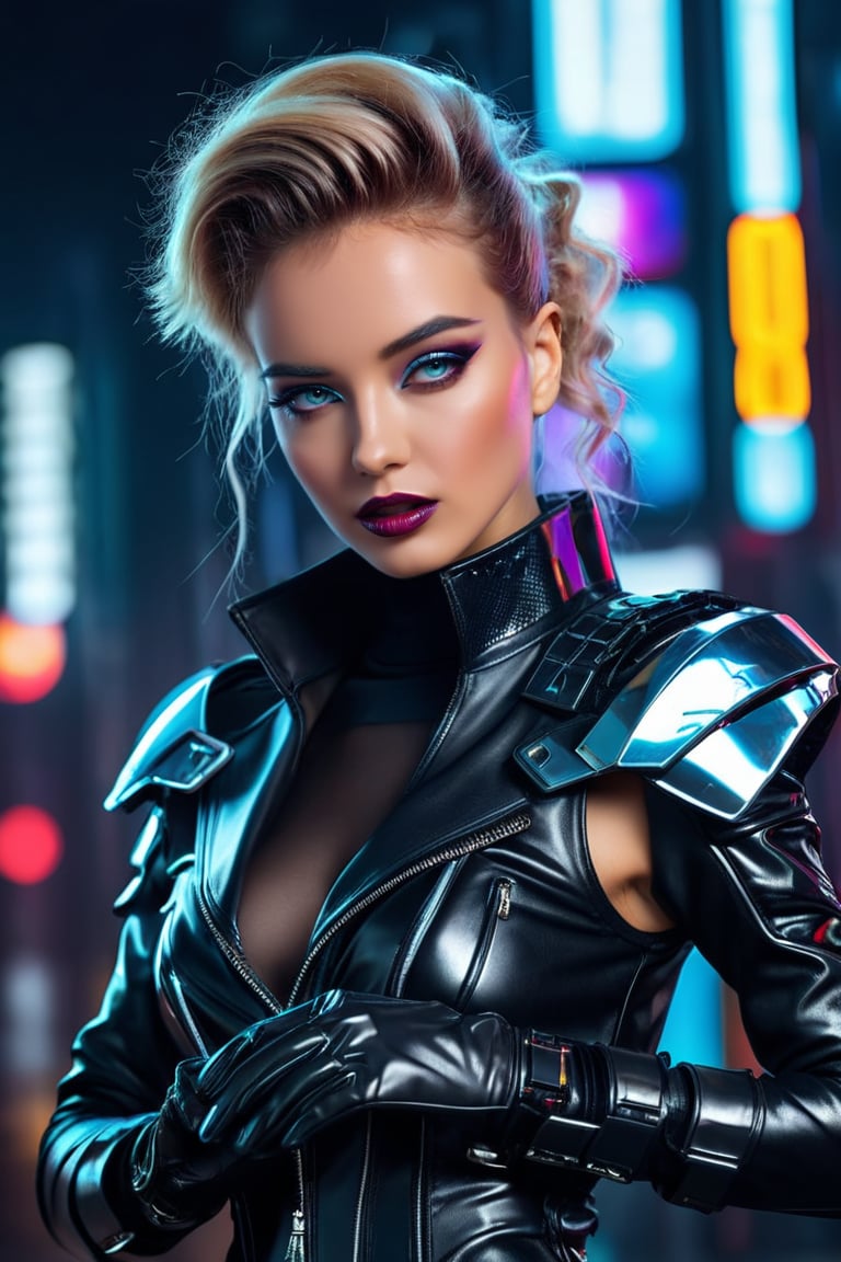 masterpiece, 8k, uhd, hdr effect, professional photography, the gorgeous ohwx woman, vogue style photo, portrait, wearing a futuristic amor, cyberpunk style, metal gloves, empowerment