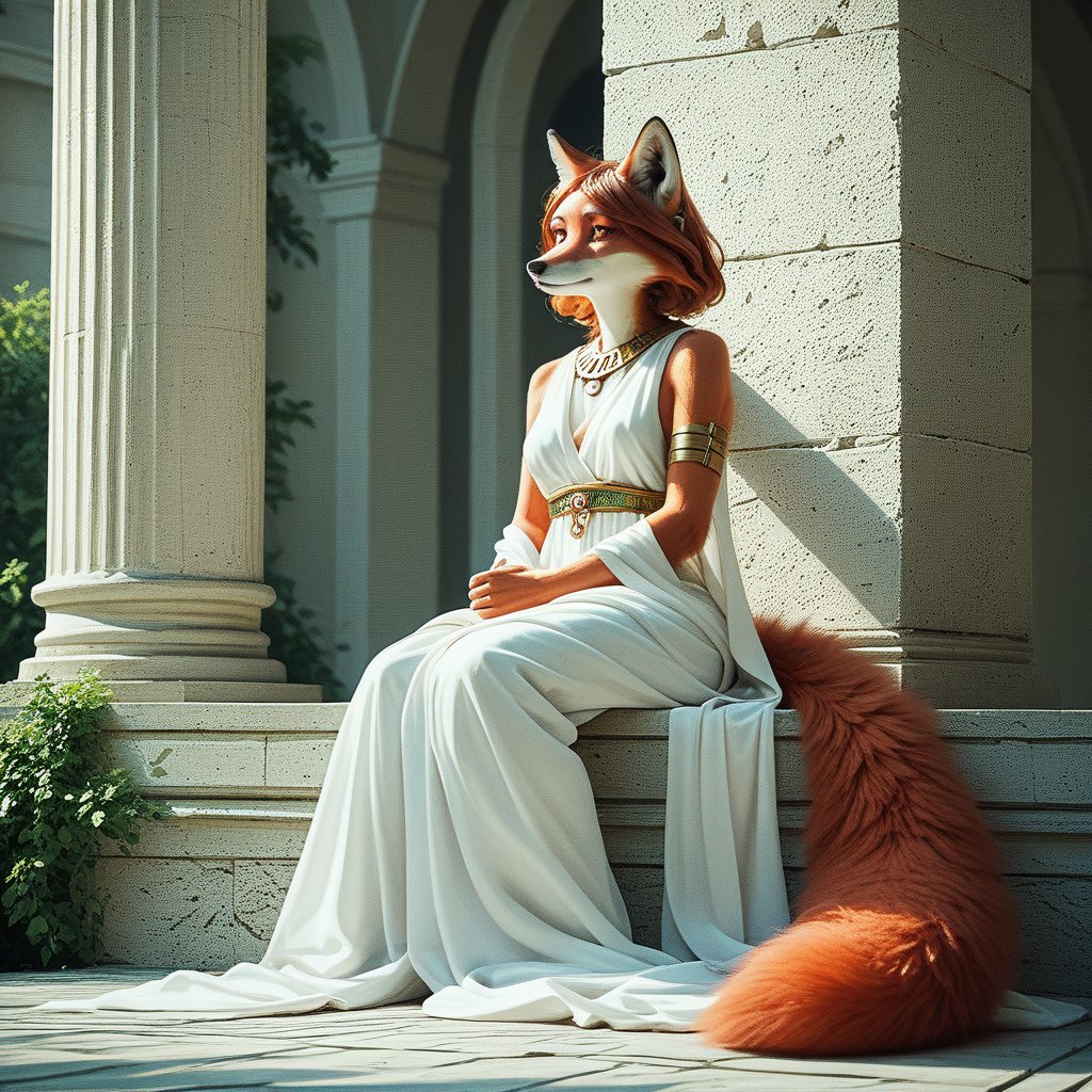 anthropomorphic, red fox, female, (1female:1.4), purple_eyes, medium hair, red_fox fur, white godness robes, greek godness robes, score_9,score_8_up,score_7_up,best quality,very aesthetic,perfect anatomy,masterpiece, sitting, full_body