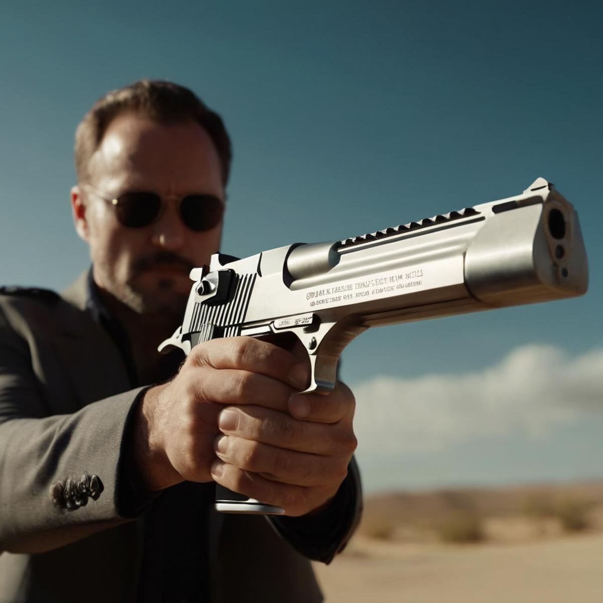 cinematic film still of  <lora:Desert Eagle:1.2>a man holding a gun in his hand Desert Eagle pistol, shallow depth of field, vignette, highly detailed, high budget, bokeh, cinemascope, moody, epic, gorgeous, film grain, grainy