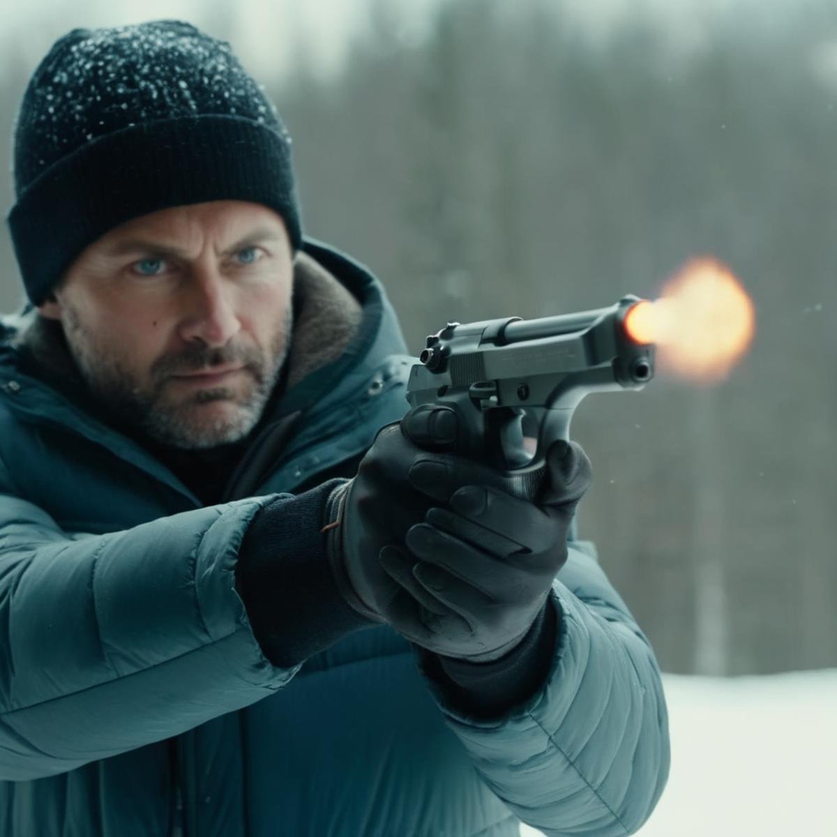 cinematic film still of  <lora:Beretta 92FS:1.2>Beretta 92FS a man holding aiming a gun in the snow perfection, shallow depth of field, vignette, highly detailed, high budget, bokeh, cinemascope, moody, epic, gorgeous, film grain, grainy