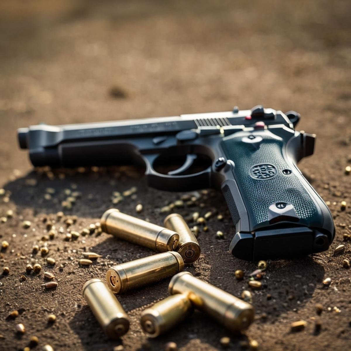 cinematic film still of  <lora:Beretta 92FS:1.2>Beretta 92FS a gun laying on the ground next to a bunch of bullet shells perfection, shallow depth of field, vignette, highly detailed, high budget, bokeh, cinemascope, moody, epic, gorgeous, film grain, grainy