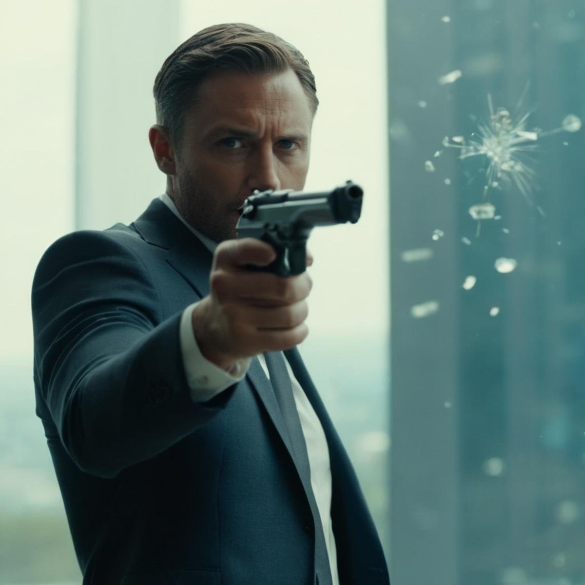 cinematic film still of  <lora:Beretta 92FS:1.2>Beretta 92FS a man in a suit holding aiming a gun with shattered glass window flying around him perfection <lora:Perfect Hands:1> Perfect Hands, shallow depth of field, vignette, highly detailed, high budget, bokeh, cinemascope, moody, epic, gorgeous, film grain, grainy