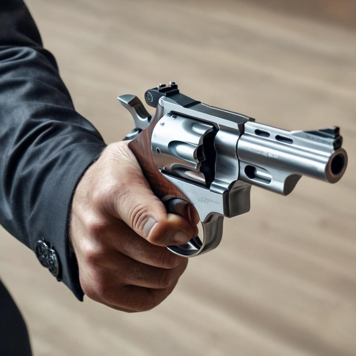 Hyperrealistic art of  <lora:0.44 magnum revolver:1.2>0.44 magnum revolver a man aiming a gun in his hand perfection, Extremely high-resolution details, photographic, realism pushed to extreme, fine texture, incredibly lifelike