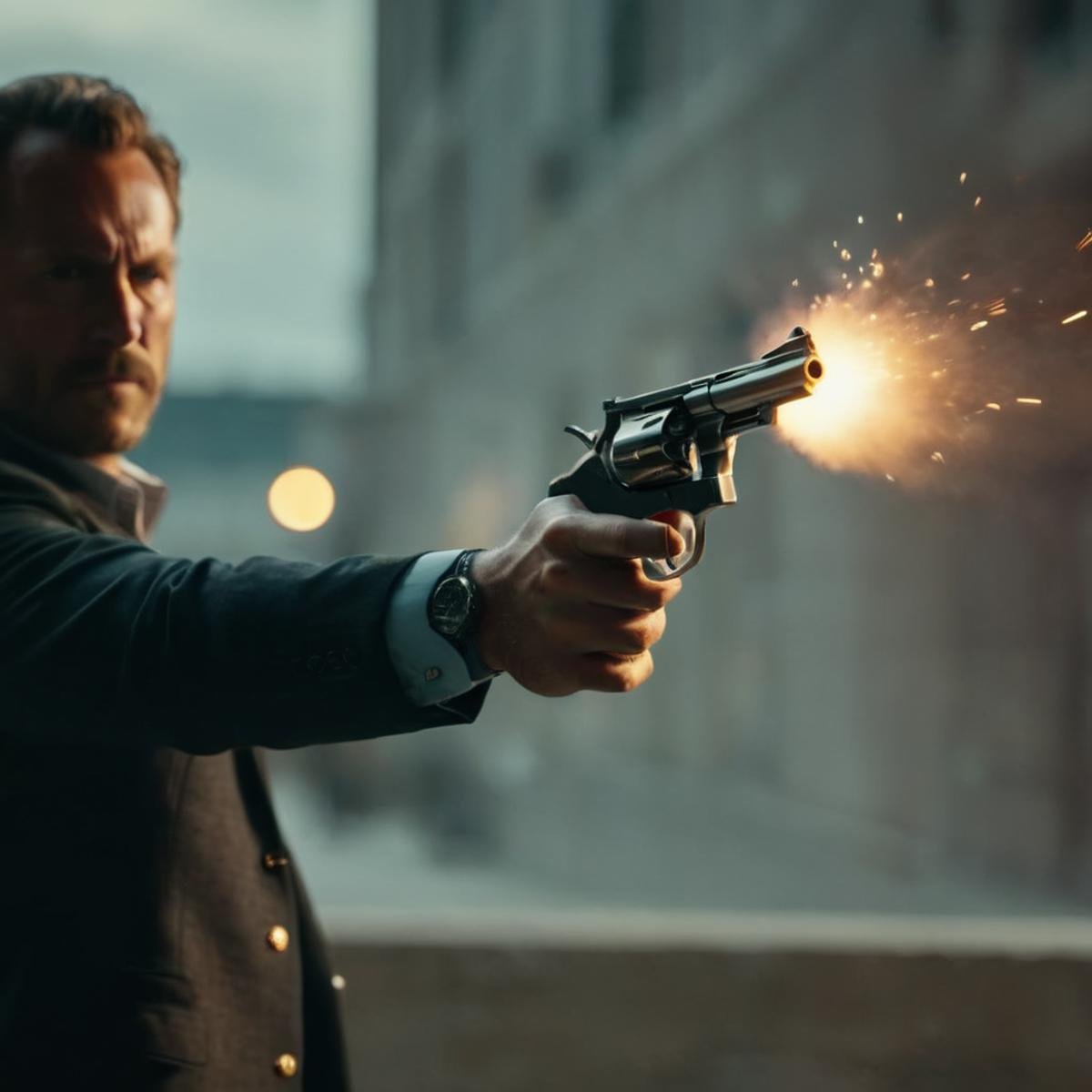 cinematic film still of  <lora:0.44 magnum revolver:1.2>0.44 magnum revolver a person aiming shooting a gun with a muzzle flash fire coming out of it perfection, shallow depth of field, vignette, highly detailed, high budget, bokeh, cinemascope, moody, epic, gorgeous, film grain, grainy