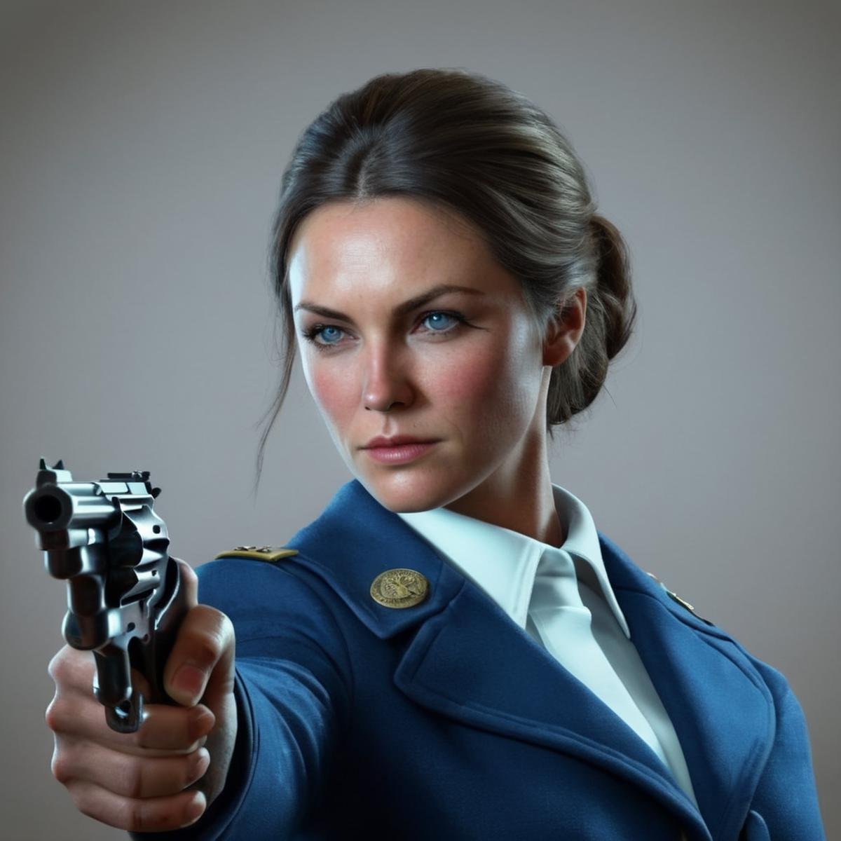 Hyperrealistic art of  <lora:0.44 magnum revolver:1.2>0.44 magnum revolver a woman holding a gun in a blue uniform perfection, Extremely high-resolution details, photographic, realism pushed to extreme, fine texture, incredibly lifelike