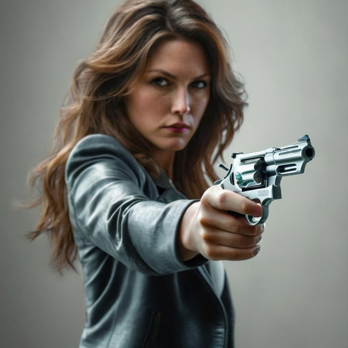 Hyperrealistic art of  <lora:0.44 magnum revolver:1.2>0.44 magnum revolver a woman aiming a gun in font of camera perfection, Extremely high-resolution details, photographic, realism pushed to extreme, fine texture, incredibly lifelike